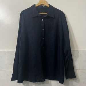 Talbots Women’s 100% Linen Eyelet Button Up Long Sleeve Top Size 2X Navy Preppy